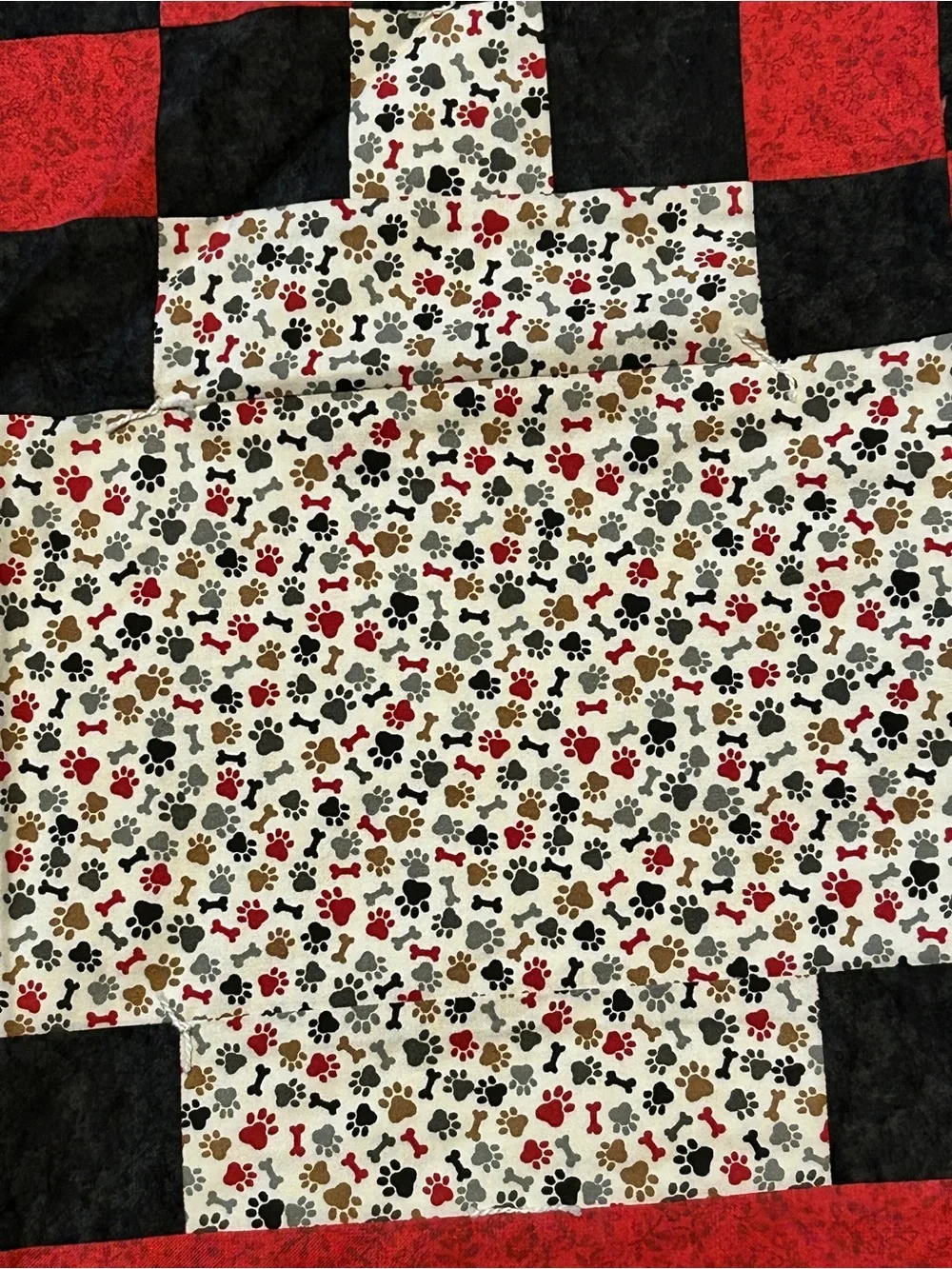 Handmade Red & Black Checkered Pieced Quilt - Floral Background
